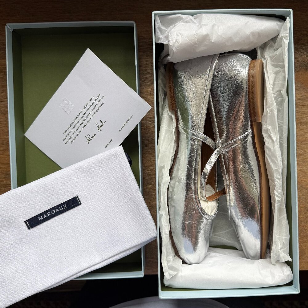 Margaux Demi Janes in Silver Crinkle Mirror Leather (NWT) 38M